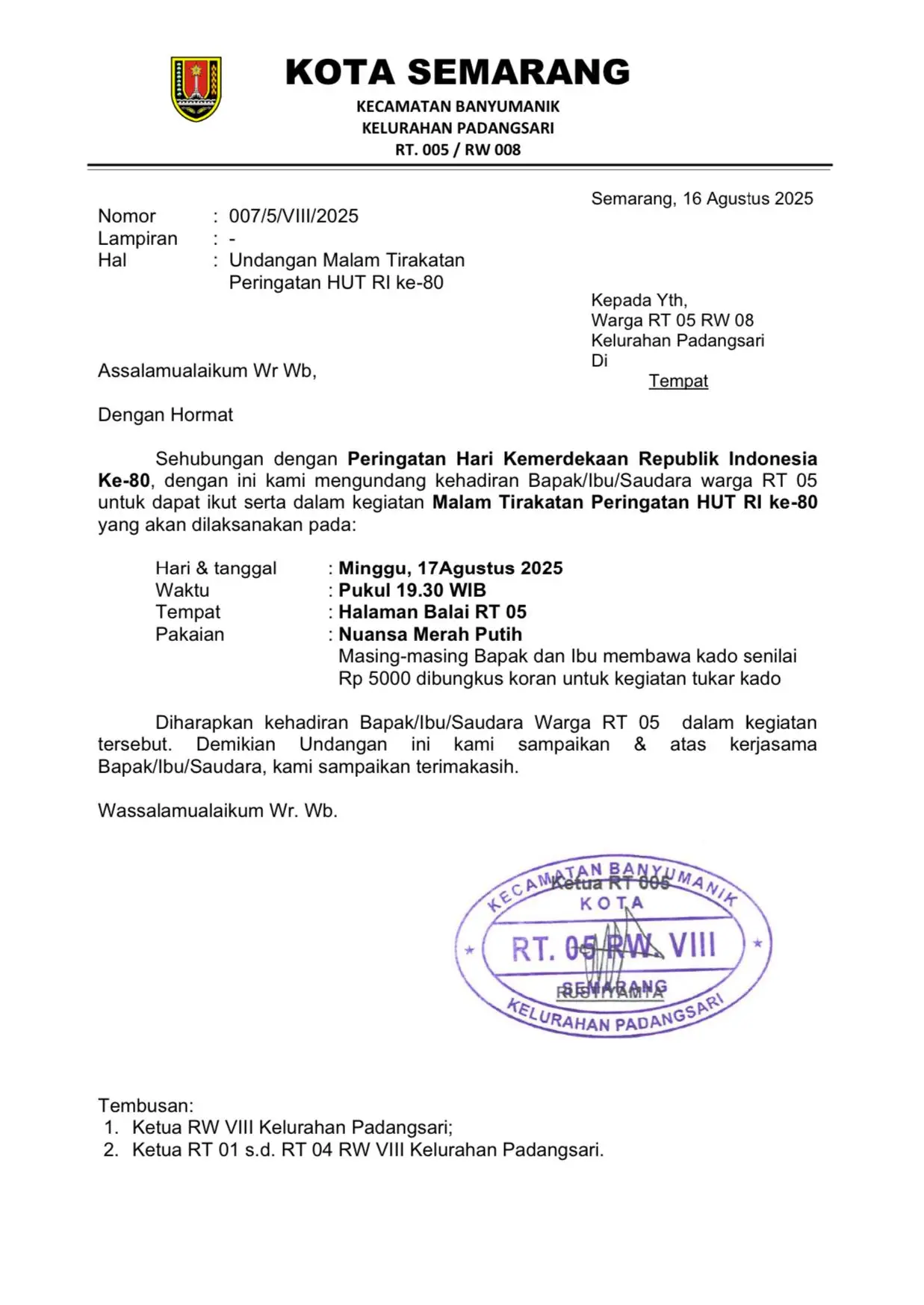 Undangan Malam Tirakatan HUT RI ke-80 Warga RT 05 RW 08 Padangsari Semarang